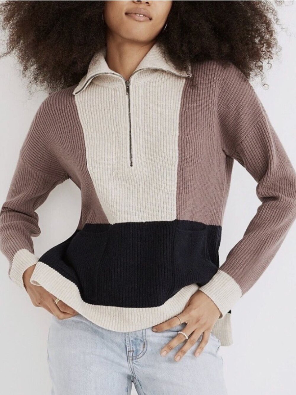 MADEWELL Glenbrook Colorblock Half Zip Sweater XS Preppy Knit Casual Neutral